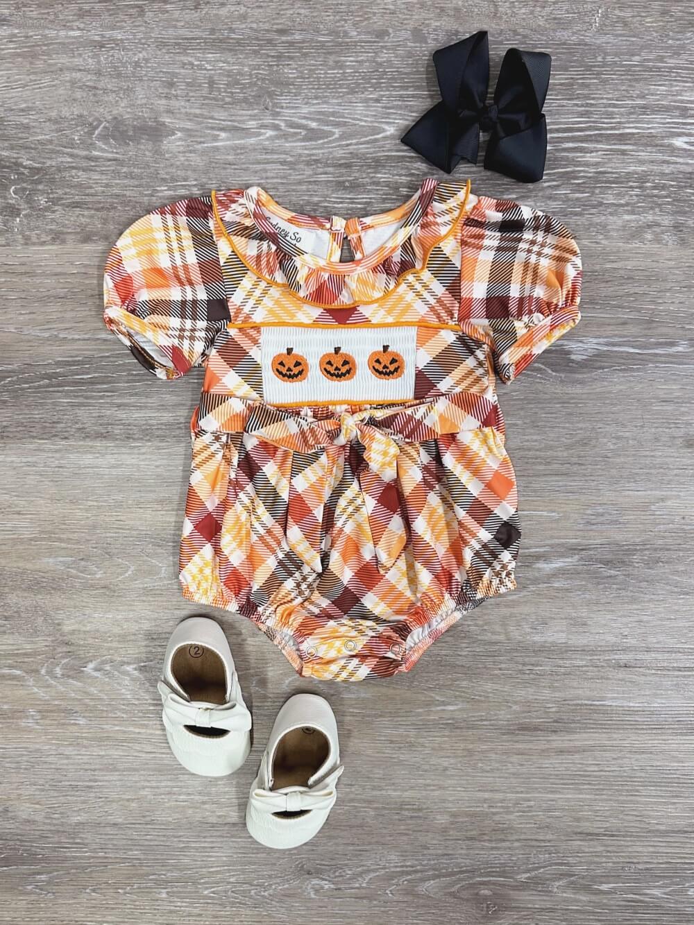 Pumpkins &amp; Plaid Girls Puff Sleeve Baby Romper - Sydney So Sweet