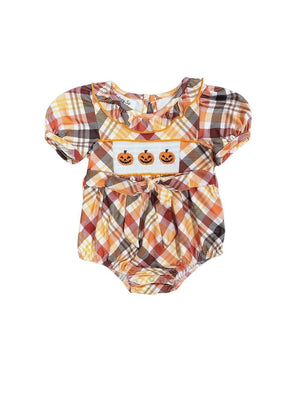 Pumpkins & Plaid Girls Puff Sleeve Baby Romper - Sydney So Sweet