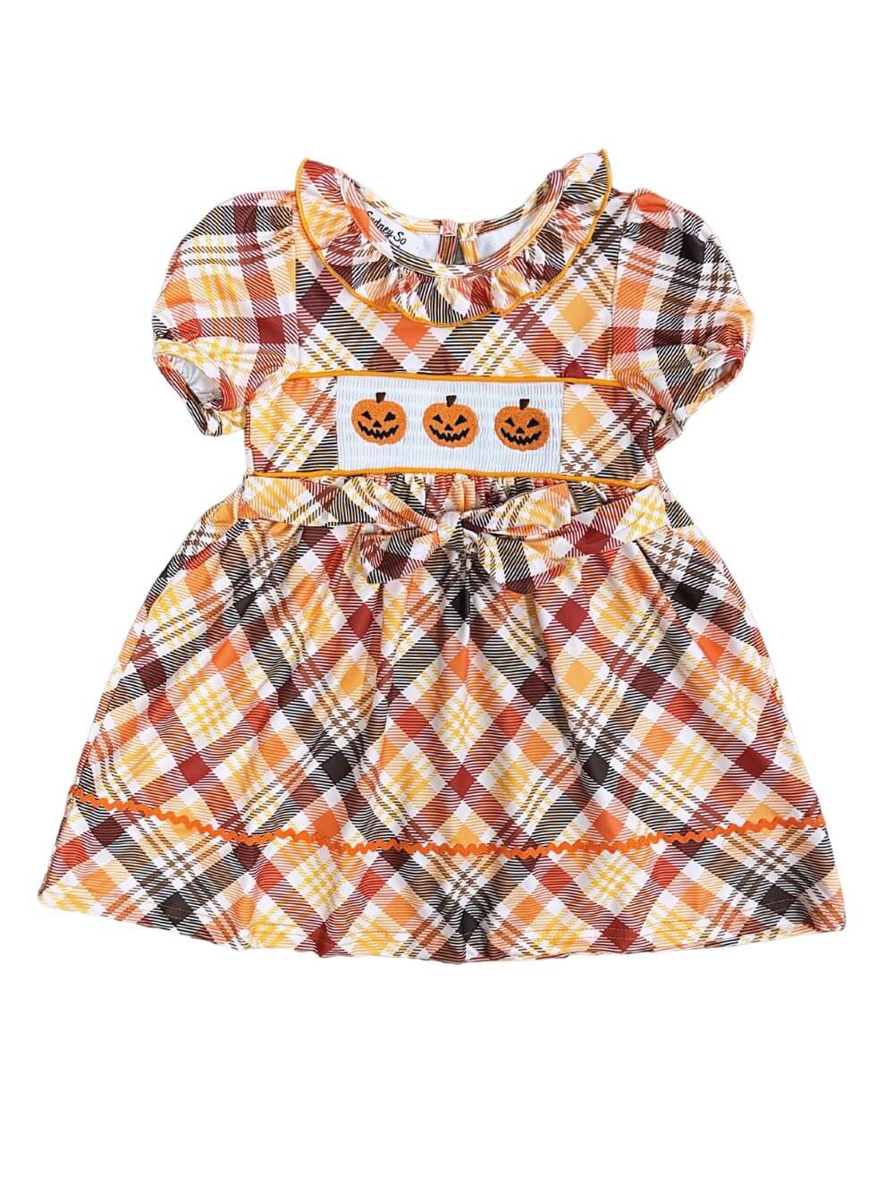 Pumpkins & Plaid Girls Puff Sleeve Fall Dress - Sydney So Sweet