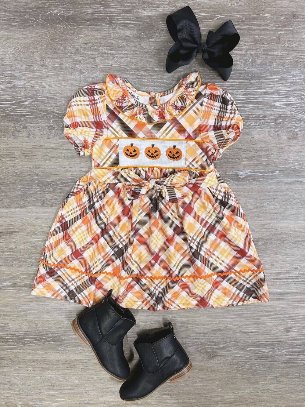 Pumpkins &amp; Plaid Girls Puff Sleeve Fall Dress - Sydney So Sweet