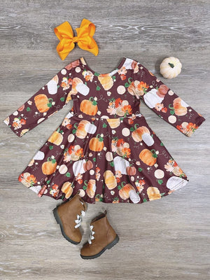 Pumpkins Please Burgundy Long Sleeve Girls Fall Skater Dress - Sydney So Sweet