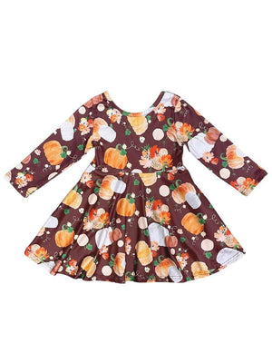 Pumpkins Please Burgundy Long Sleeve Girls Fall Skater Dress - Sydney So Sweet