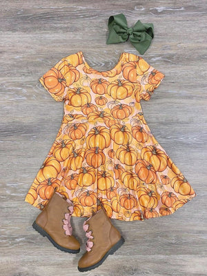 Pumpkins Please Girls Orange Short Sleeve Skater Dress - Sydney So Sweet