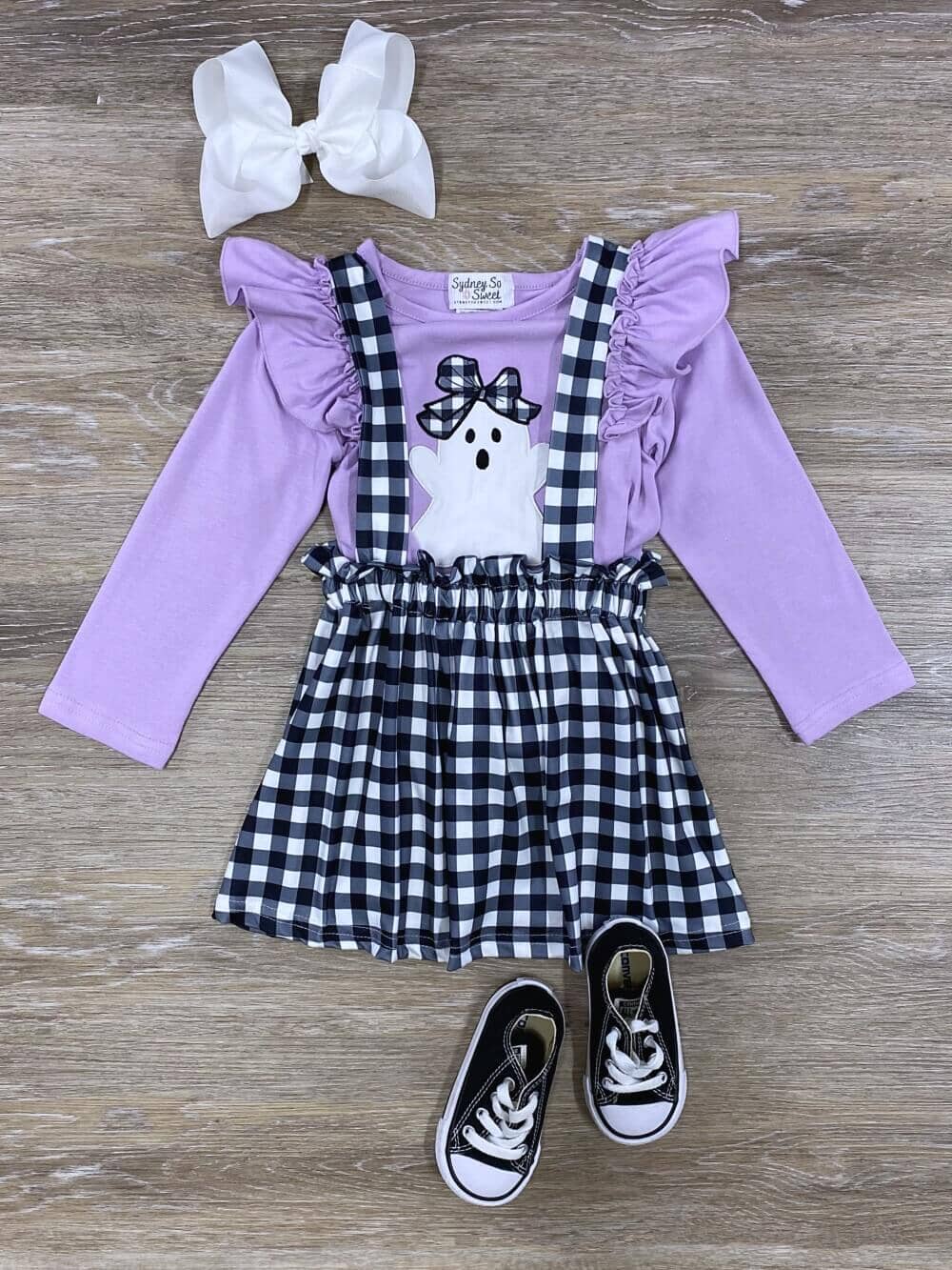 Purple &amp; Black Gingham Plaid Ghost Girls Suspender Skirt Outfit - Sydney So Sweet