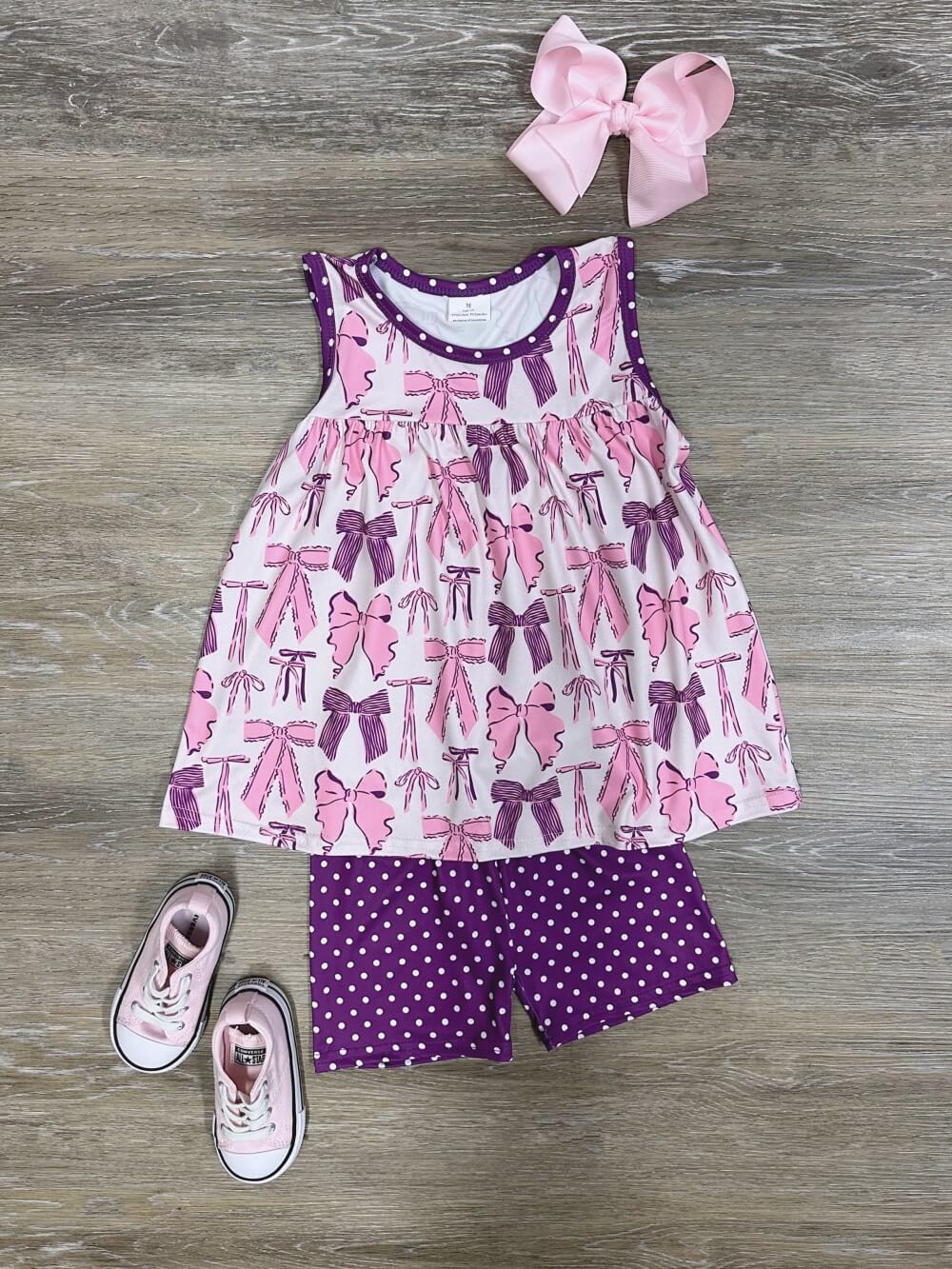 Purple and Pink Coquette Bow Print Girls Shorts Outfit - Sydney So Sweet