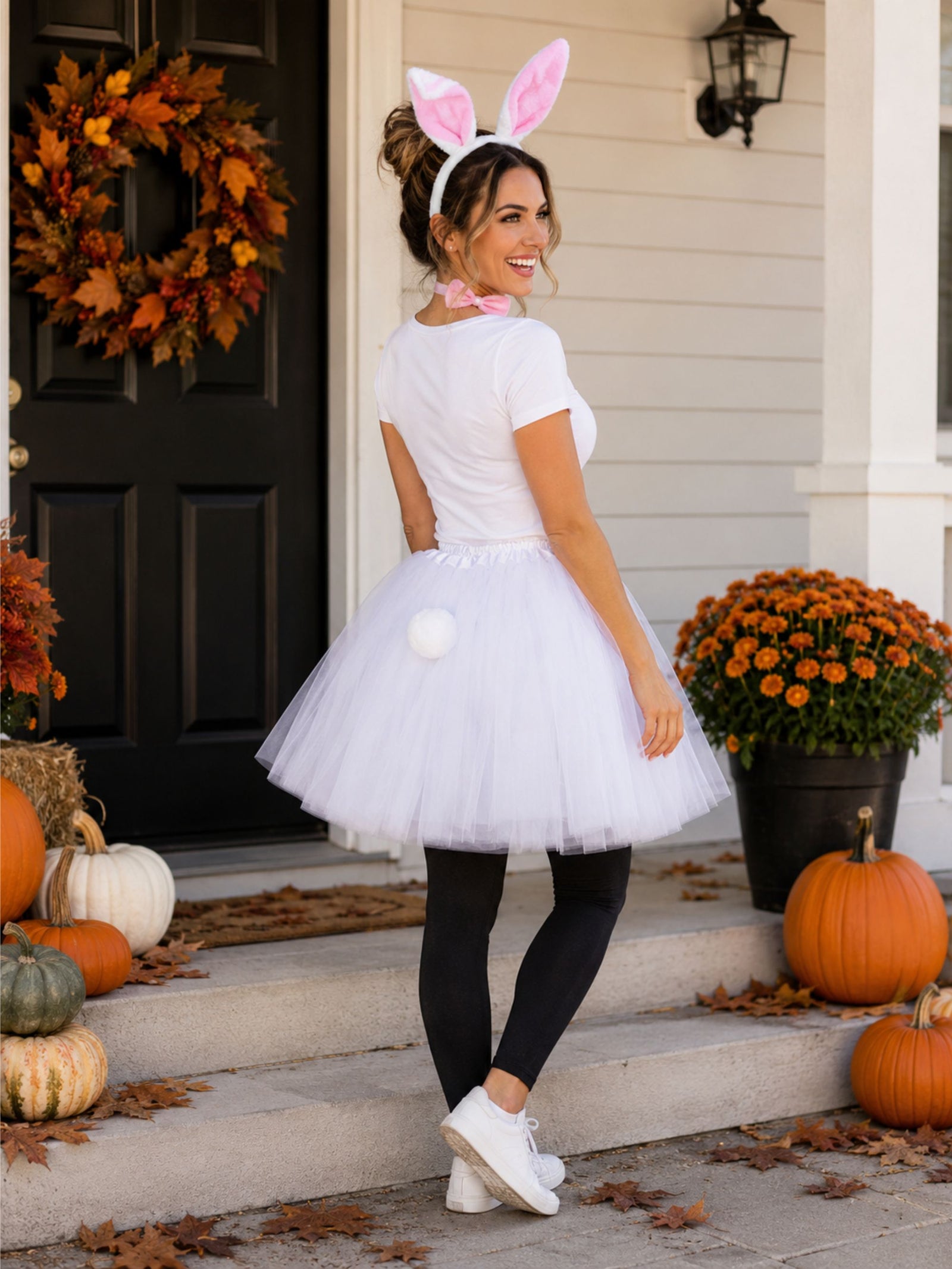 Women's White Bunny Rabbit Costume Set for Adults & Plus Size – Bunny Ears Headband, Bow Tie, Tail & Tutu Skirt – Halloween or Cosplay Dress-Up