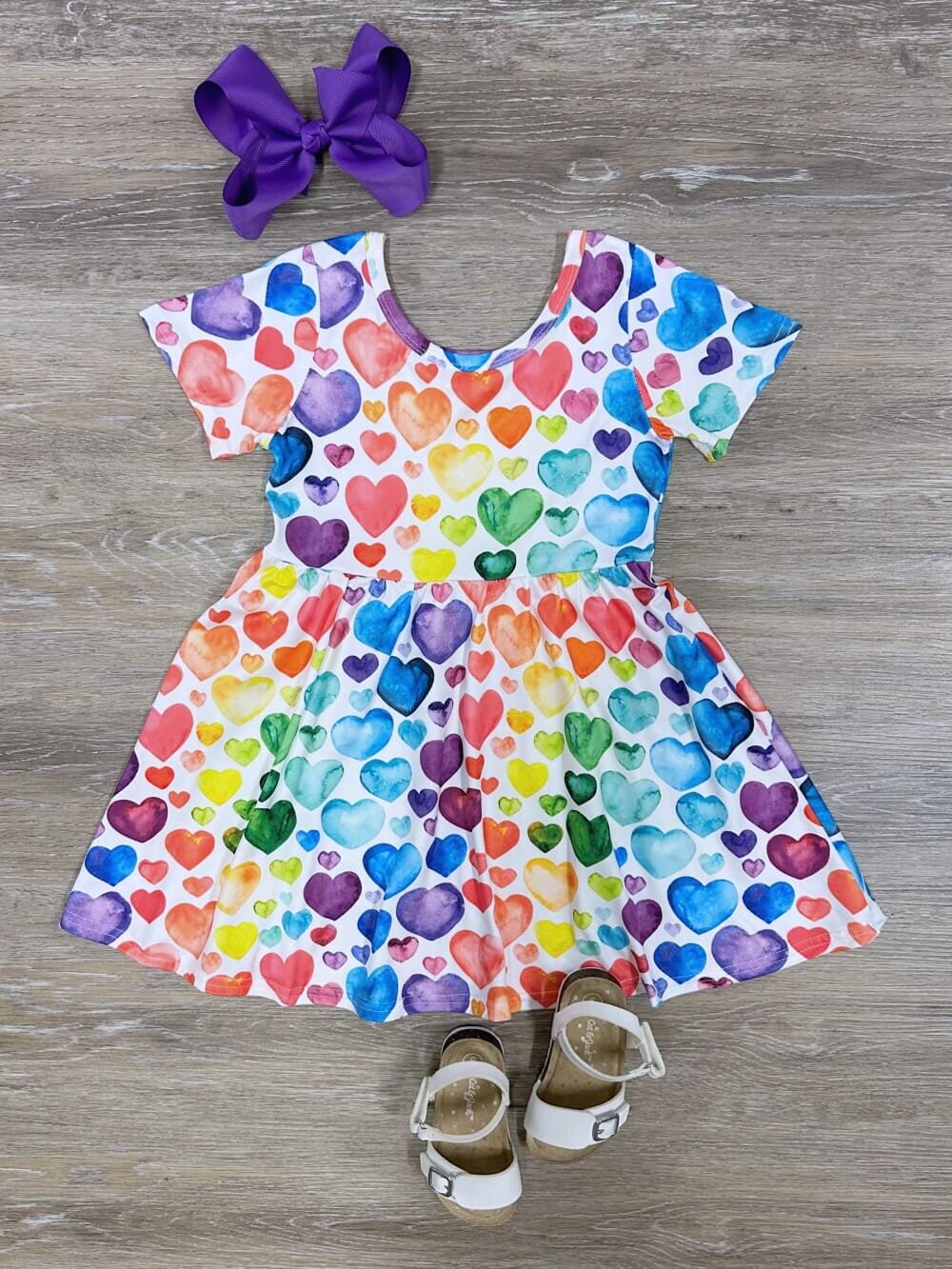 Rainbow Hearts Girls Short Sleeve Summer Dress - Sydney So Sweet