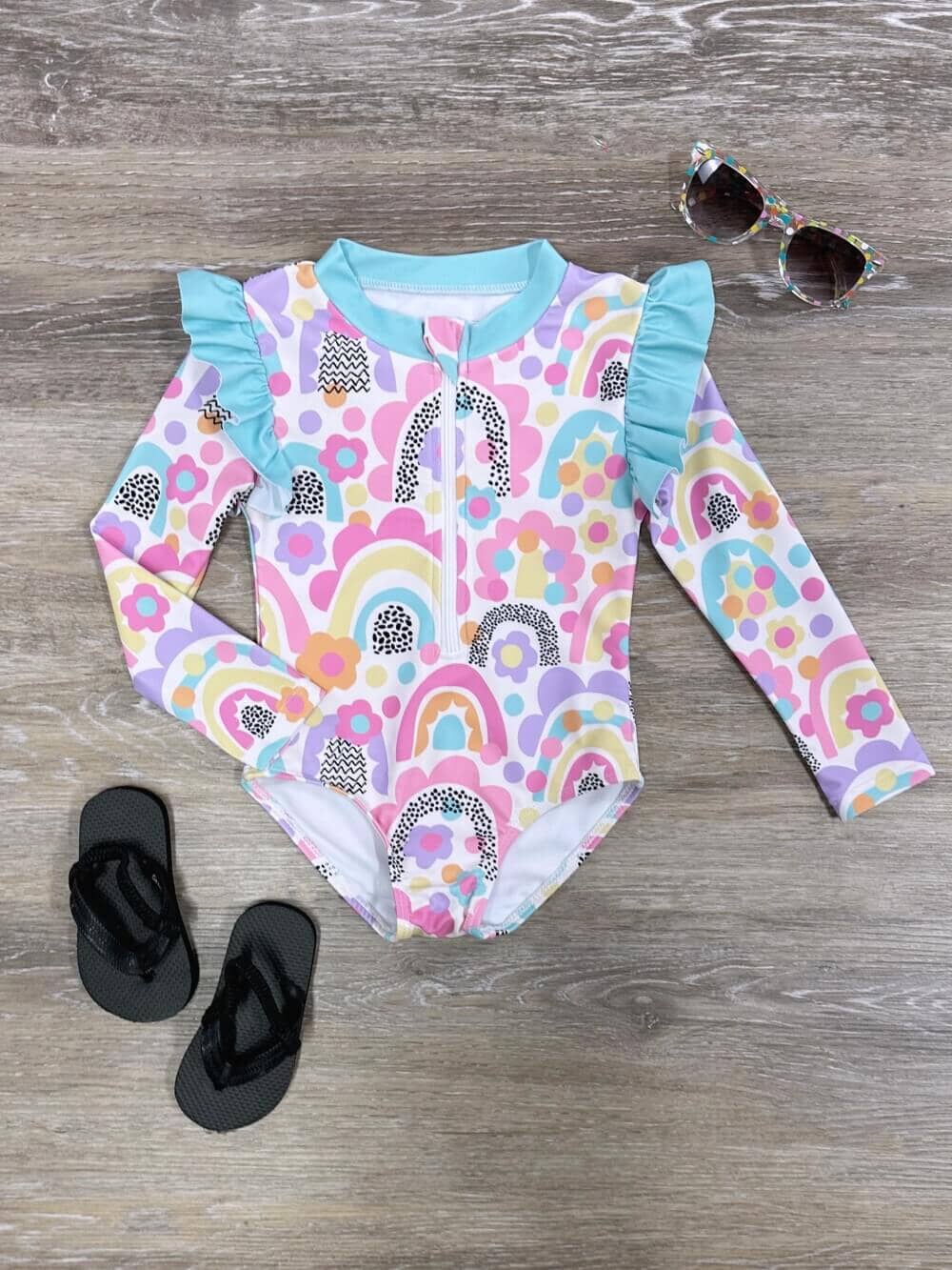 Rainbow Retro Toddler & Girls Long Sleeve Swimsuit - Sydney So Sweet