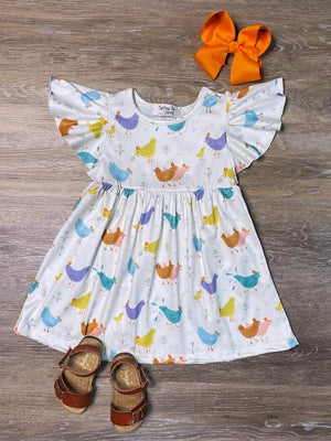 Rainbow Roosters & Chickens Flutter Sleeve Girls Dress - Sydney So Sweet