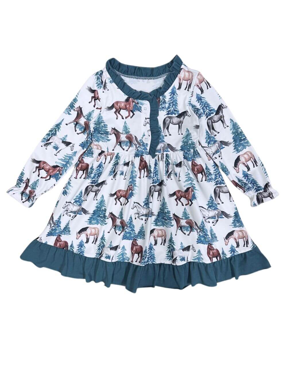 Ranch Life Girls Blue Ruffle Trim Horse Long Sleeve Dress - Sydney So Sweet