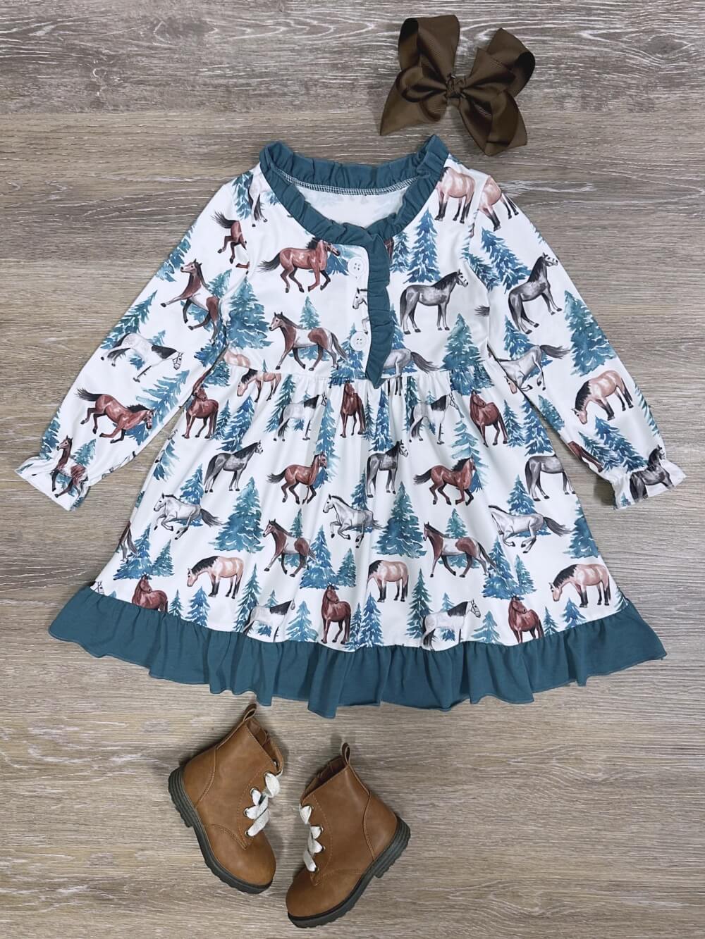 Ranch Life Girls Blue Ruffle Trim Horse Long Sleeve Dress - Sydney So Sweet