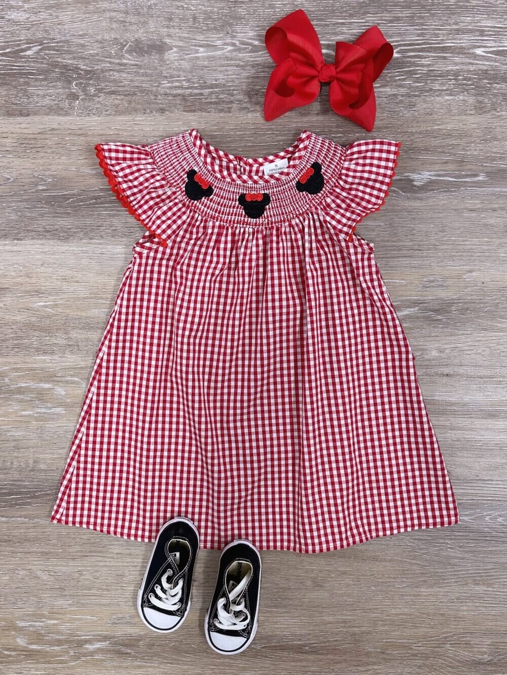 Red Gingham Plaid Embroidered Bow Mouse Dress - Sydney So Sweet