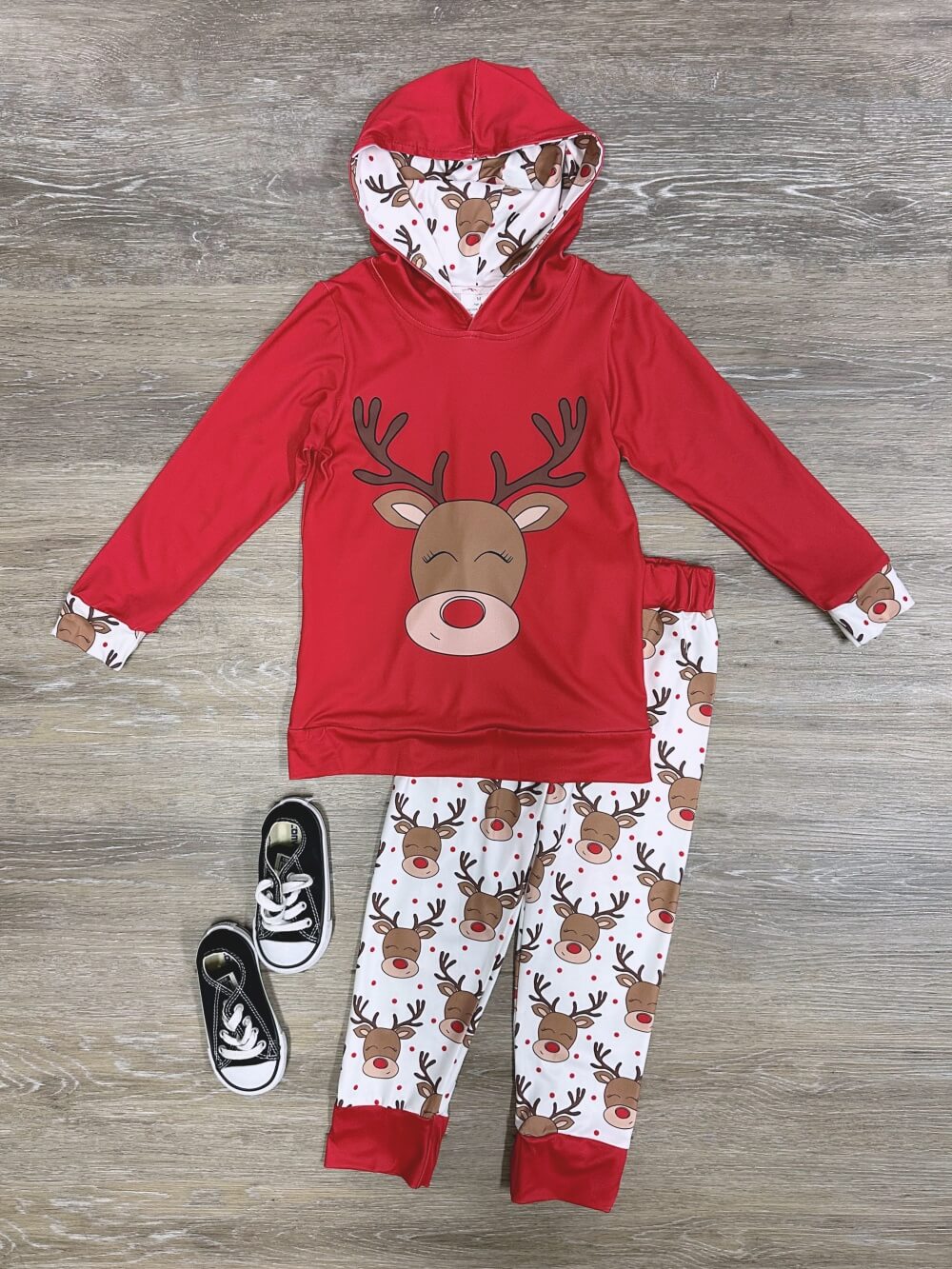 Red Nose Reindeer Christmas Hoodie Outfit for Boys or Girls - Sydney So Sweet