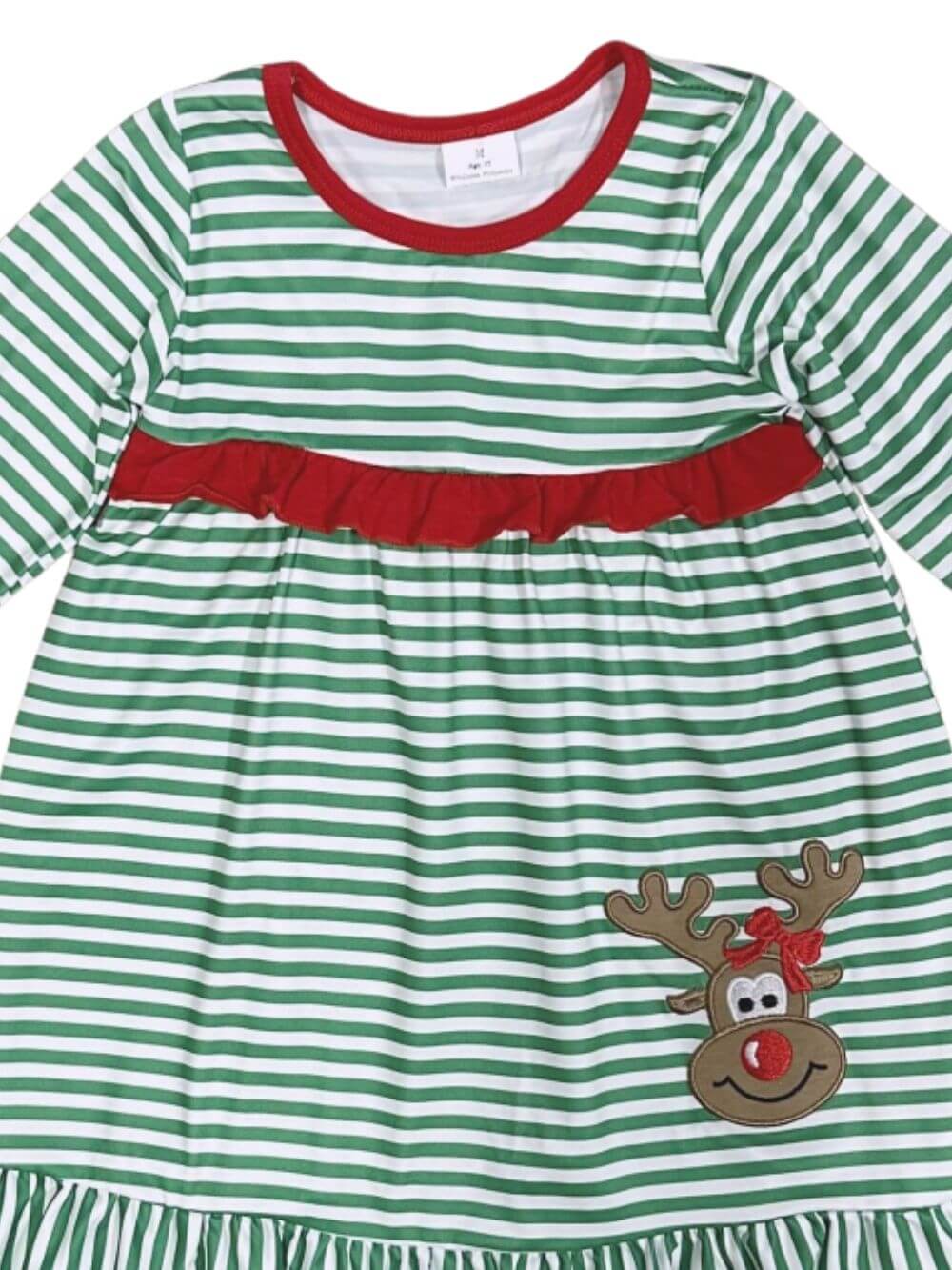 Red Nose Reindeer Girls Green Stripe Christmas Dress - Sydney So Sweet
