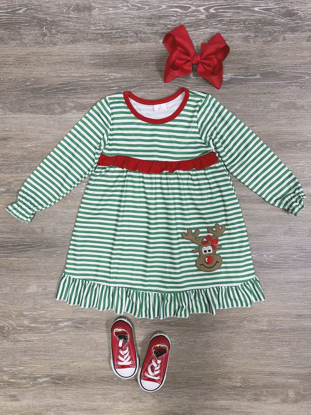 Red Nose Reindeer Girls Green Stripe Christmas Dress - Sydney So Sweet