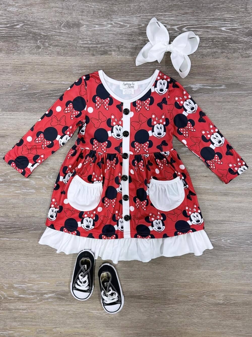 Red &amp; Black Mouse Ruffle Trim Pocket Girls Dress - Sydney So Sweet