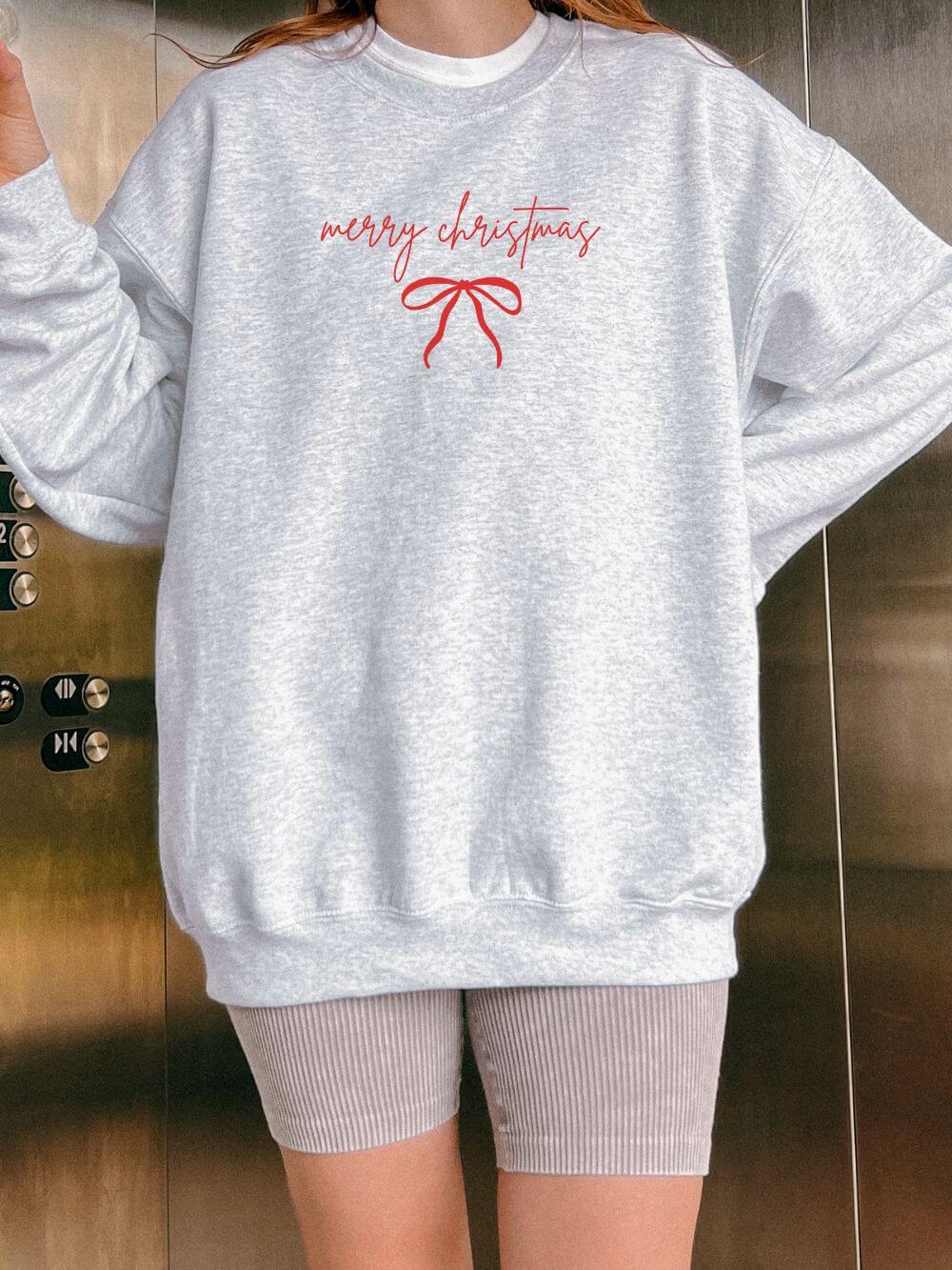 Red Bow Merry Christmas Script Heavy Blend Women's Crewneck Embroidered Holiday Sweatshirt - Sydney So Sweet