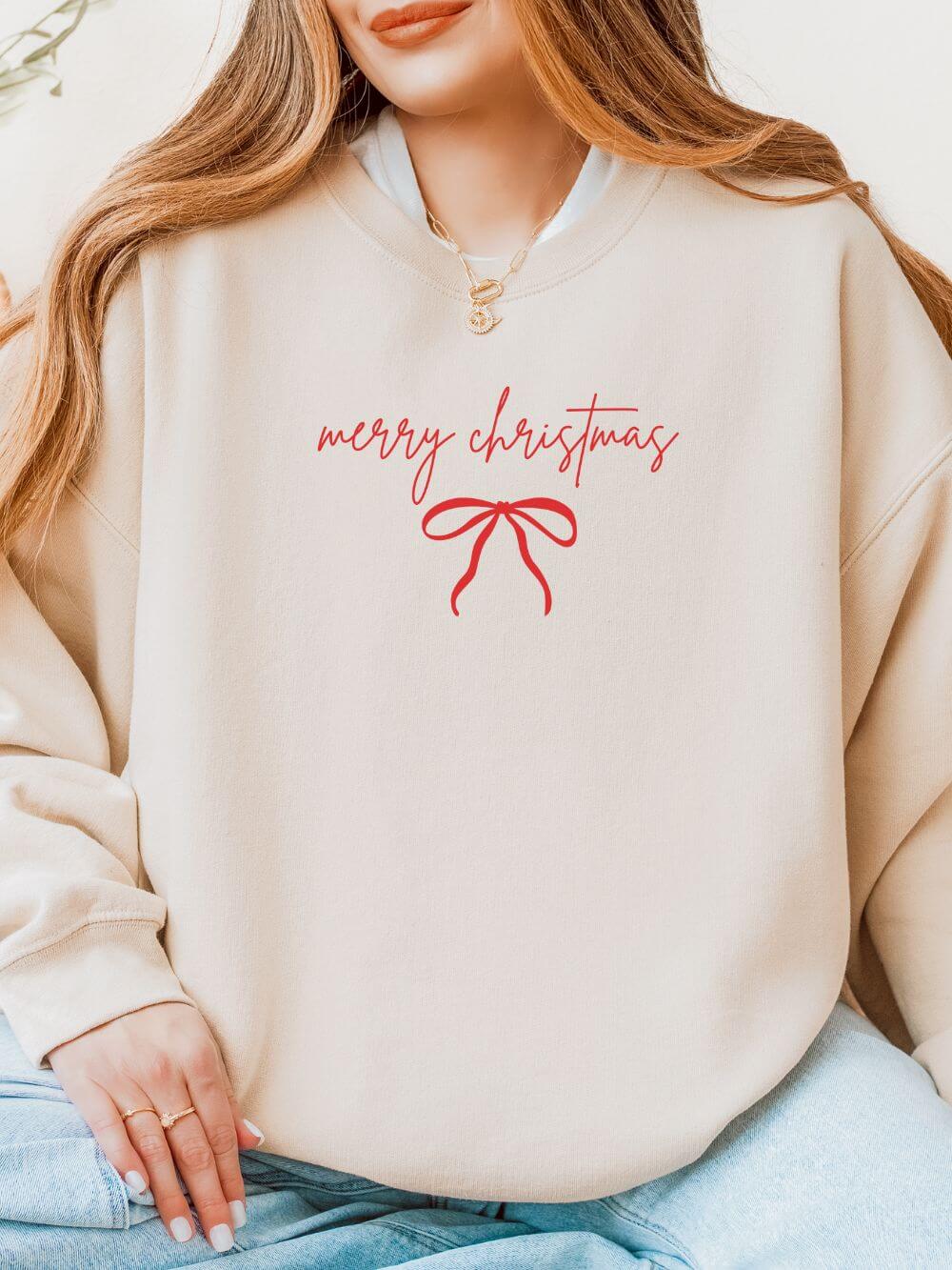 Red Bow Merry Christmas Script Heavy Blend Women's Crewneck Embroidered Holiday Sweatshirt - Sydney So Sweet