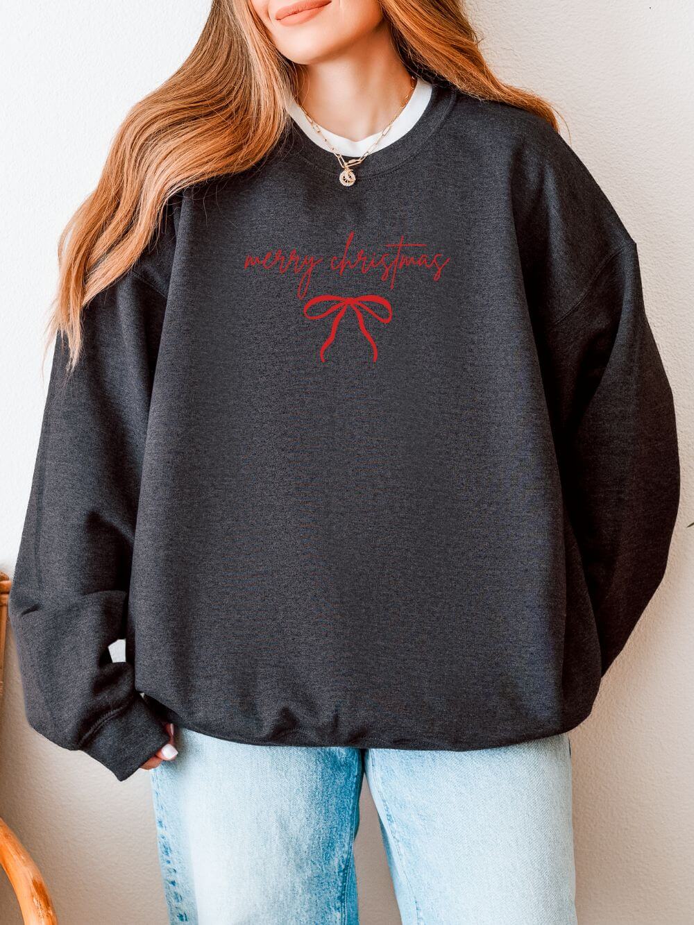 Red Bow Merry Christmas Script Heavy Blend Women's Crewneck Embroidered Holiday Sweatshirt - Sydney So Sweet