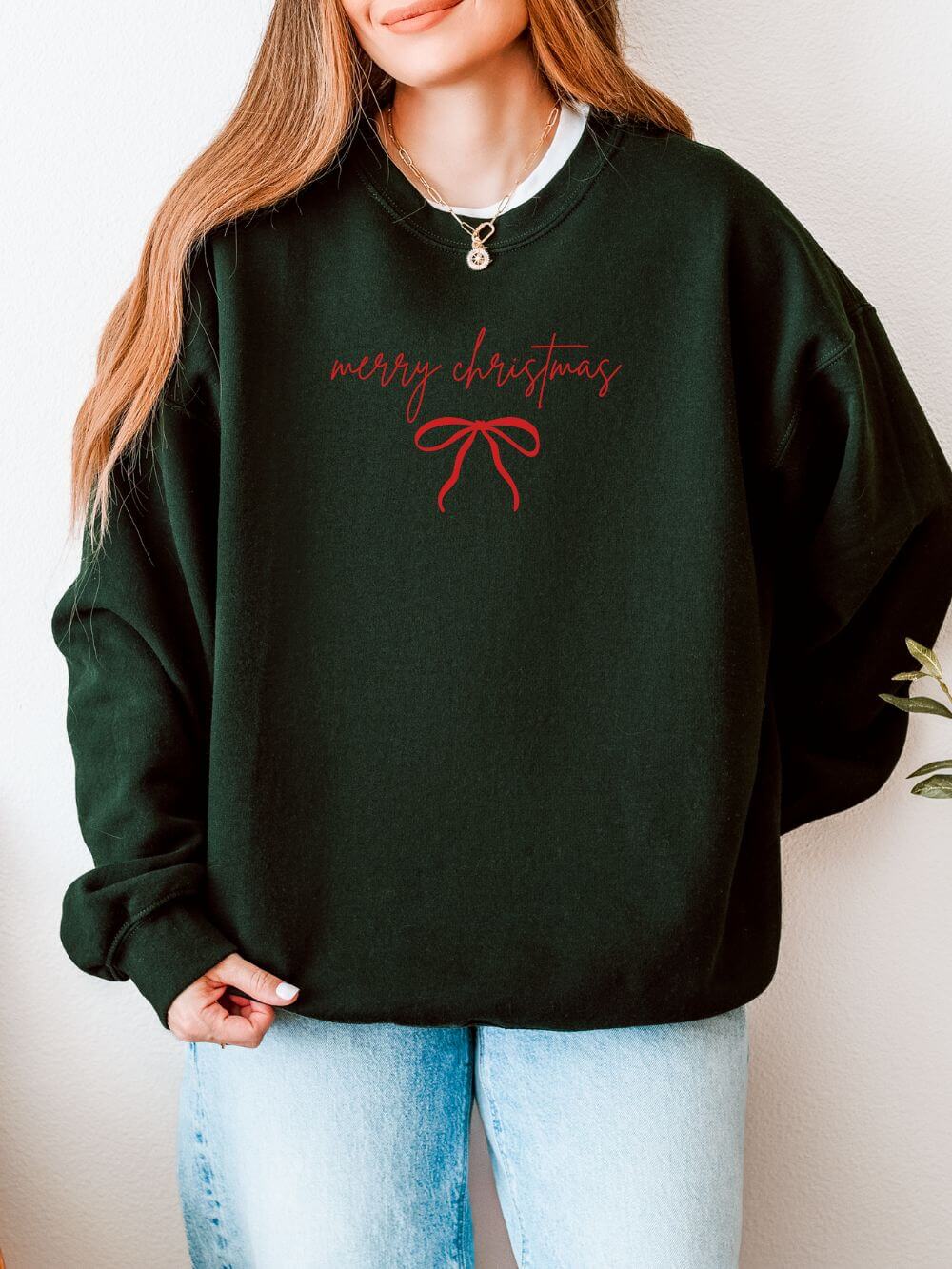 Red Bow Merry Christmas Script Heavy Blend Women's Crewneck Embroidered Holiday Sweatshirt - Sydney So Sweet