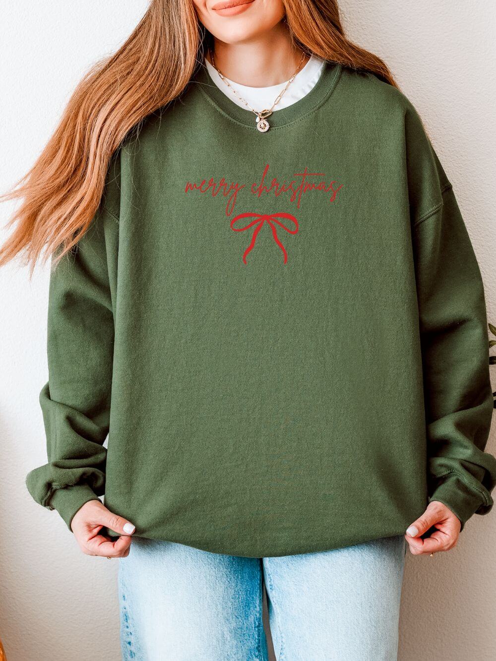 Red Bow Merry Christmas Script Heavy Blend Women's Crewneck Embroidered Holiday Sweatshirt - Sydney So Sweet