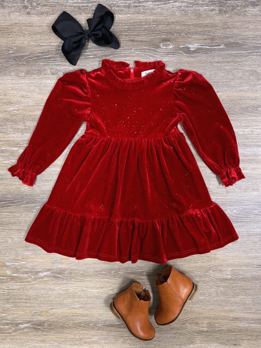 Red Glitter Velvet Puff Shoulder Girls Fancy Special Occasion Christmas Holiday Dress - Sydney So Sweet