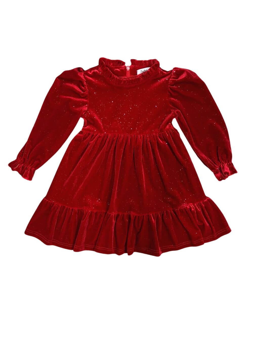 Red Glitter Velvet Puff Shoulder Girls Fancy Special Occasion Christmas Holiday Dress - Sydney So Sweet