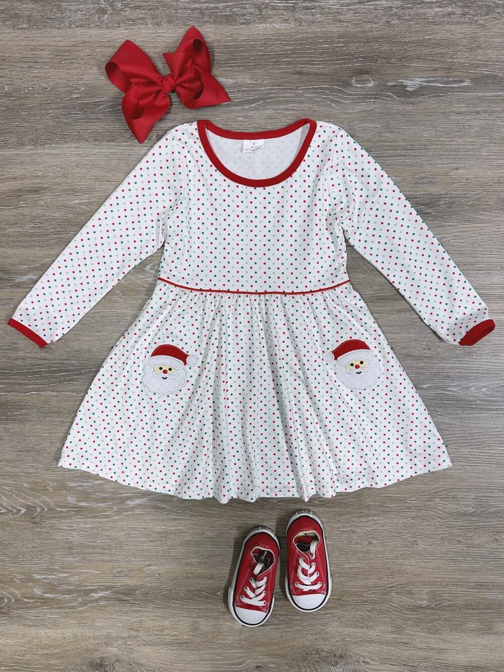 Red &amp; Green Polka Dot Santa Claus Girls Christmas Dress - Sydney So Sweet