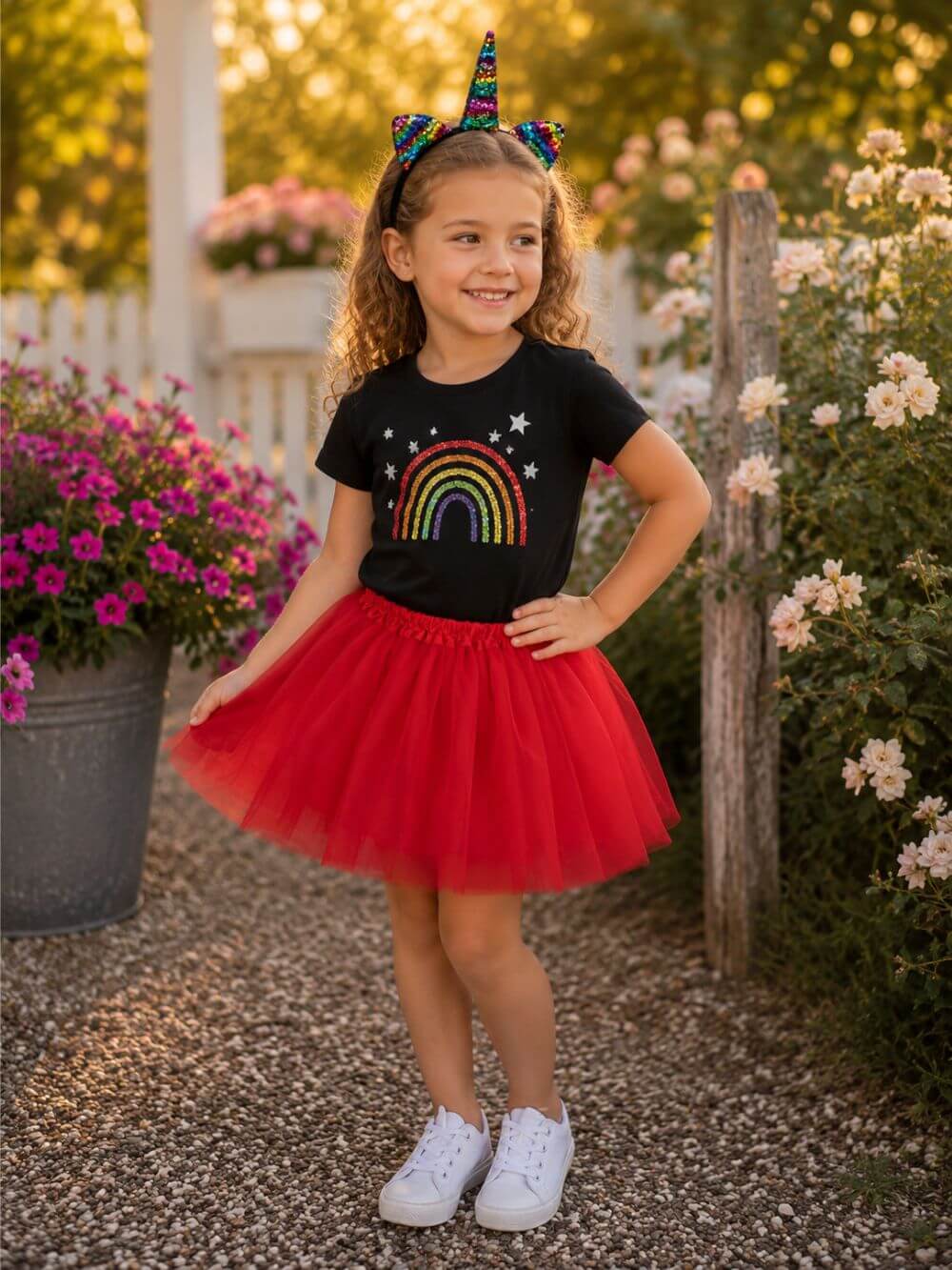 Girls Rainbow Red Unicorn Costume - Complete Kids Costume Set with Tutu & Flip Sequin Unicorn Headband Horn