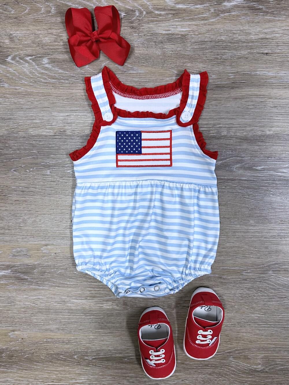 Red, White, & Cute Girls Patriotic Baby Bubble Romper - Sydney So Sweet