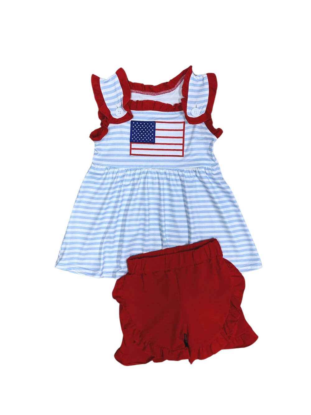 Red, White & Cute Girls Patriotic Ruffle Shorts Outfit - Sydney So Sweet