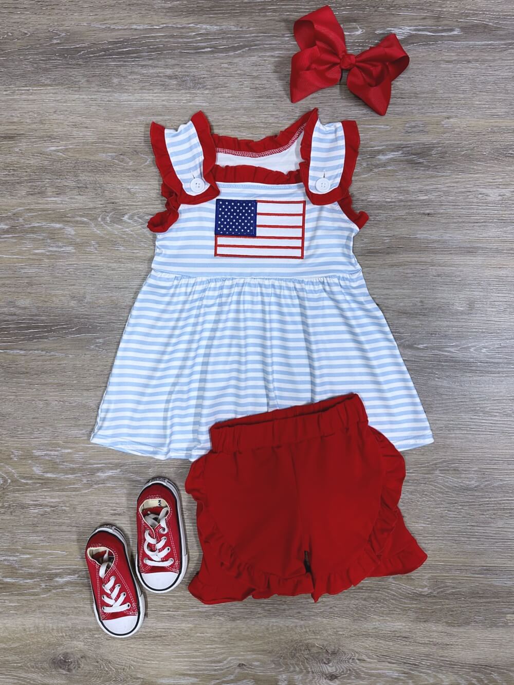 Red, White & Cute Girls Patriotic Ruffle Shorts Outfit - Sydney So Sweet