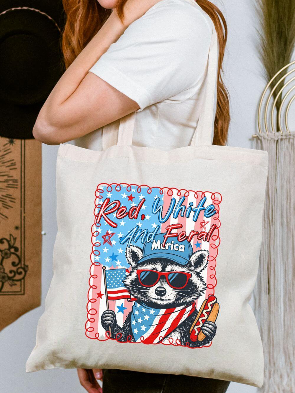 Red White and Feral Patriotic Raccoon Cotton Canvas Tote Bag