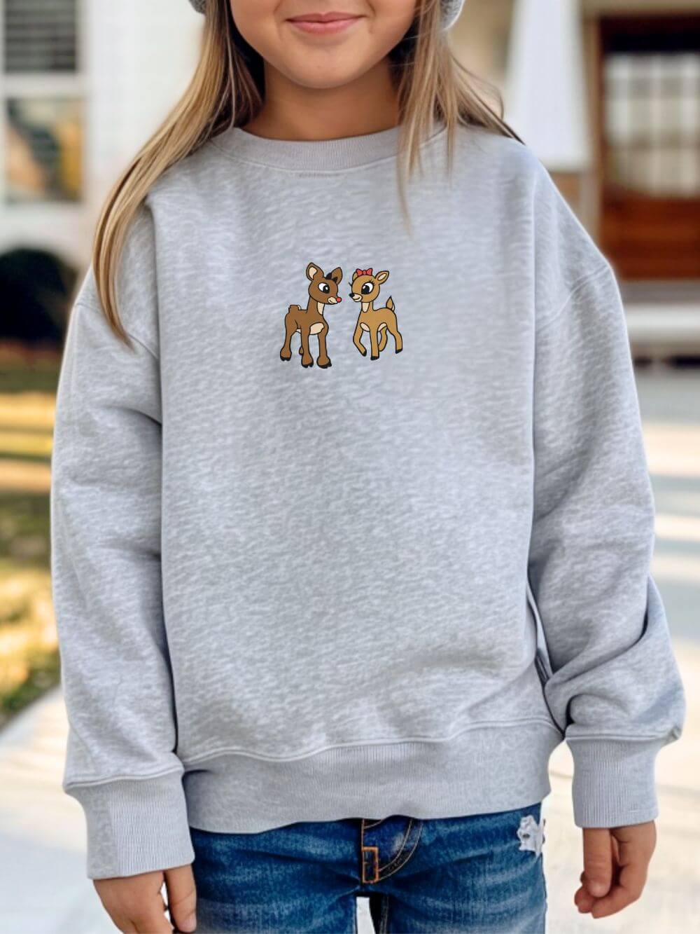 Reindeer Friends Kids' Crewneck Embroidered Christmas Graphic Sweatshirt - Sydney So Sweet