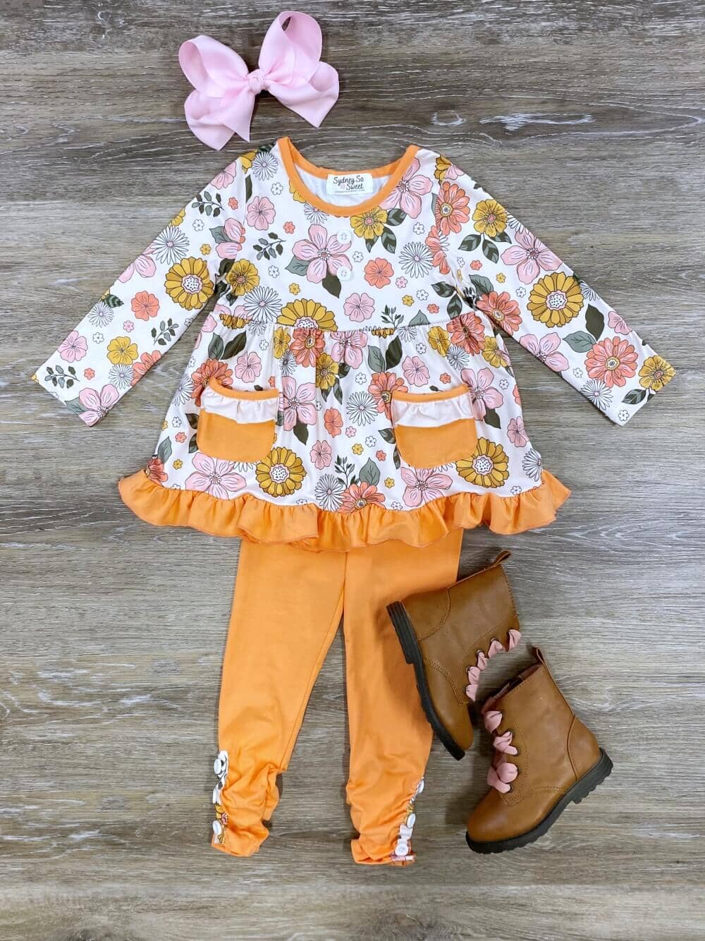 Retro Floral Fall Garden Girls Leggings Outfit 2T