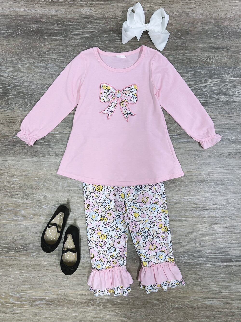 Retro Pink Floral Girls Long Sleeve Bow Top &amp; Pants Outfit - Sydney So Sweet