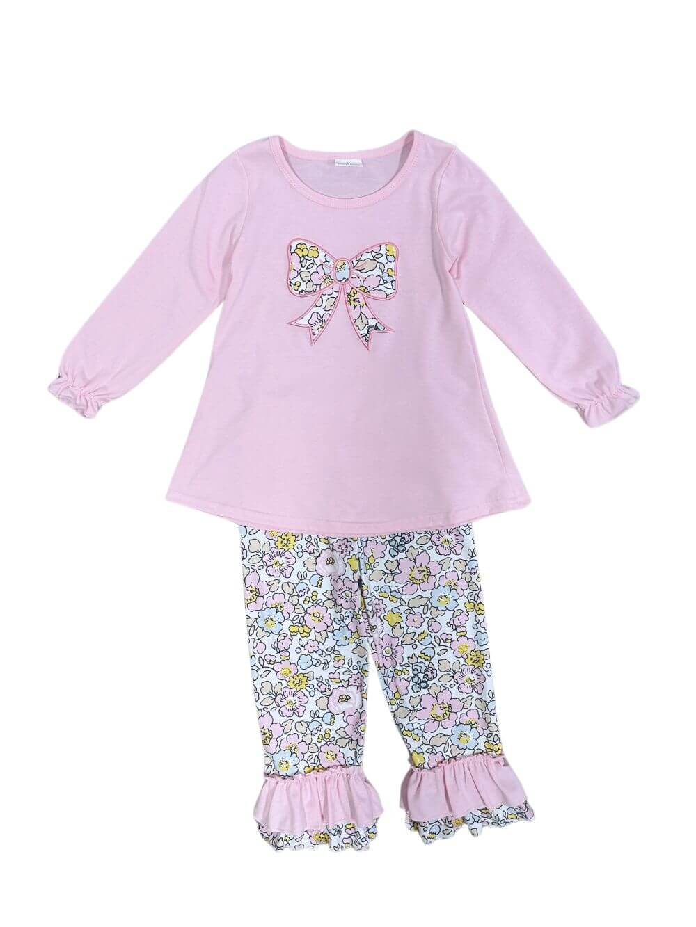 Retro Pink Floral Girls Long Sleeve Bow Top & Pants Outfit - Sydney So Sweet