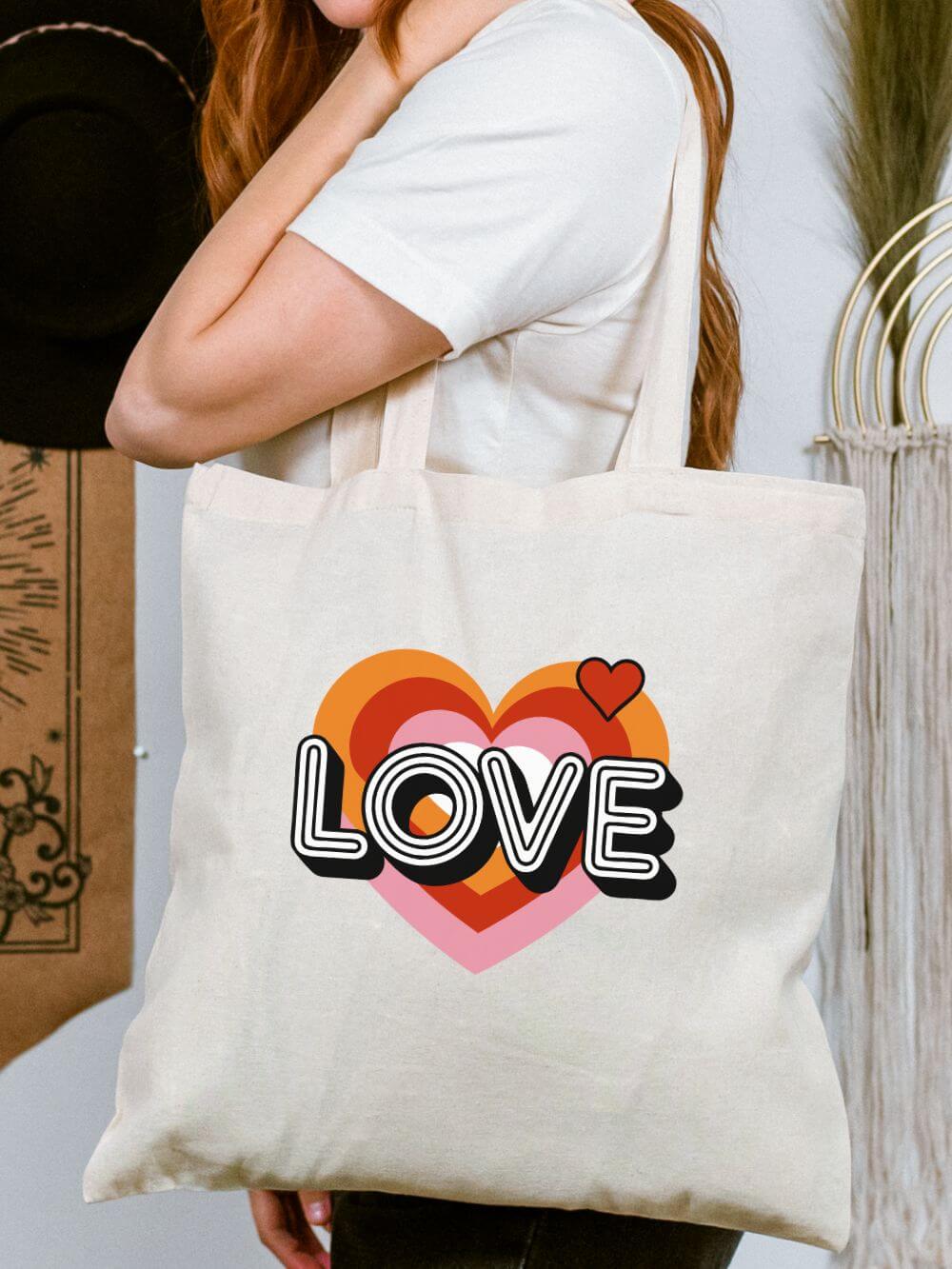 Love Heart Retro 70s Vintage Love Shopper Cotton Canvas Tote Bag