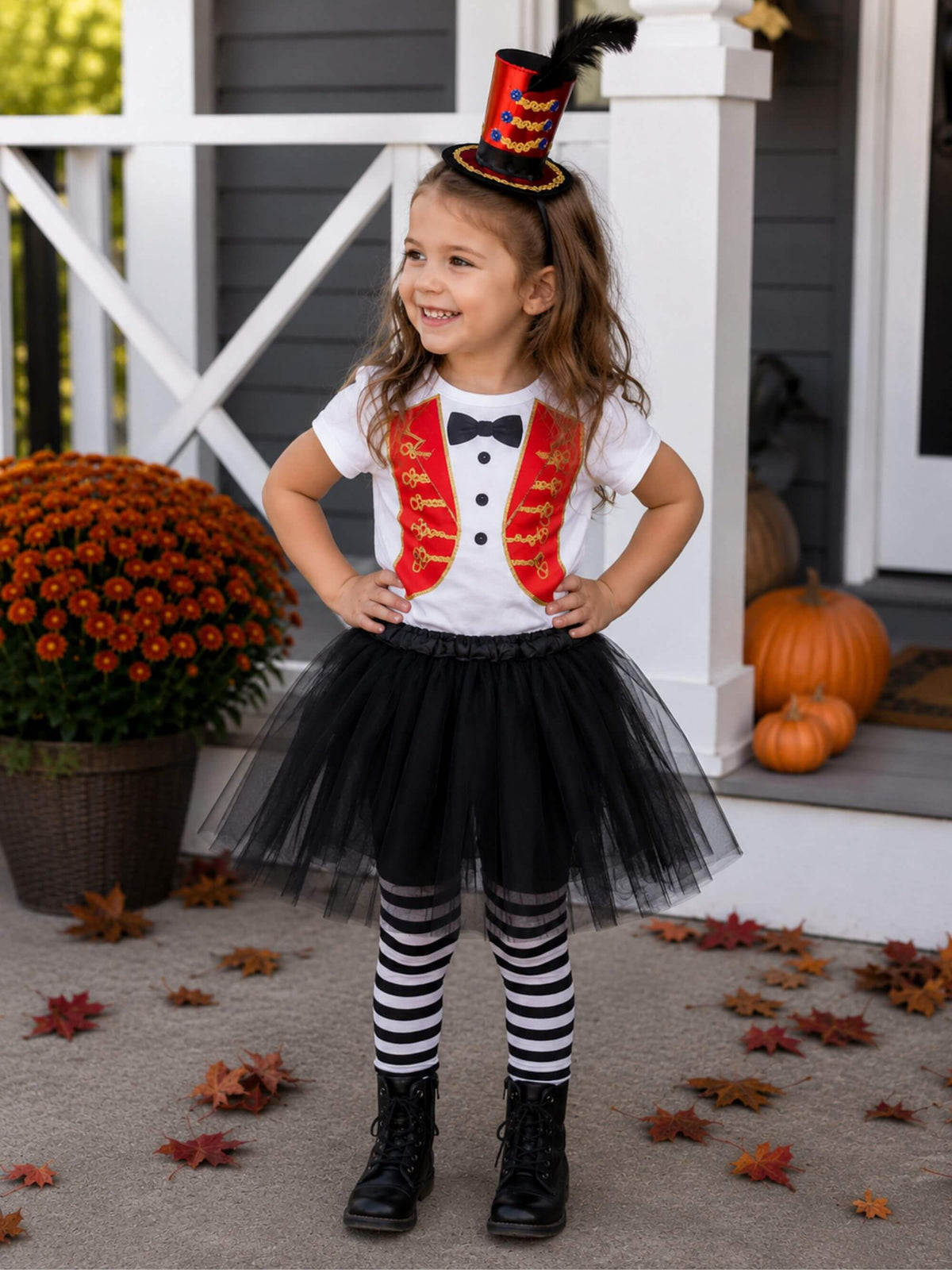 Girls Greatest Showman Inspired Circus Ringmaster Costume - Complete Kids Costume Set with Black Tutu & Headband Hat