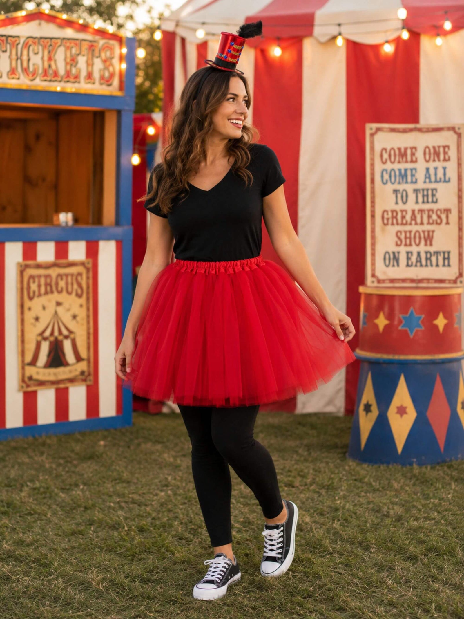 Women's Ringmaster Costume Set for Adults & Plus Size – Red Tutu Skirt & Black Mini Top Hat Headband – Circus Greatest Showman Outfit