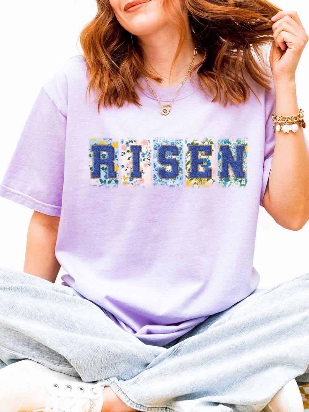 Risen Floral Faux Patch T-Shirt Easter Christian Unisex Tee
