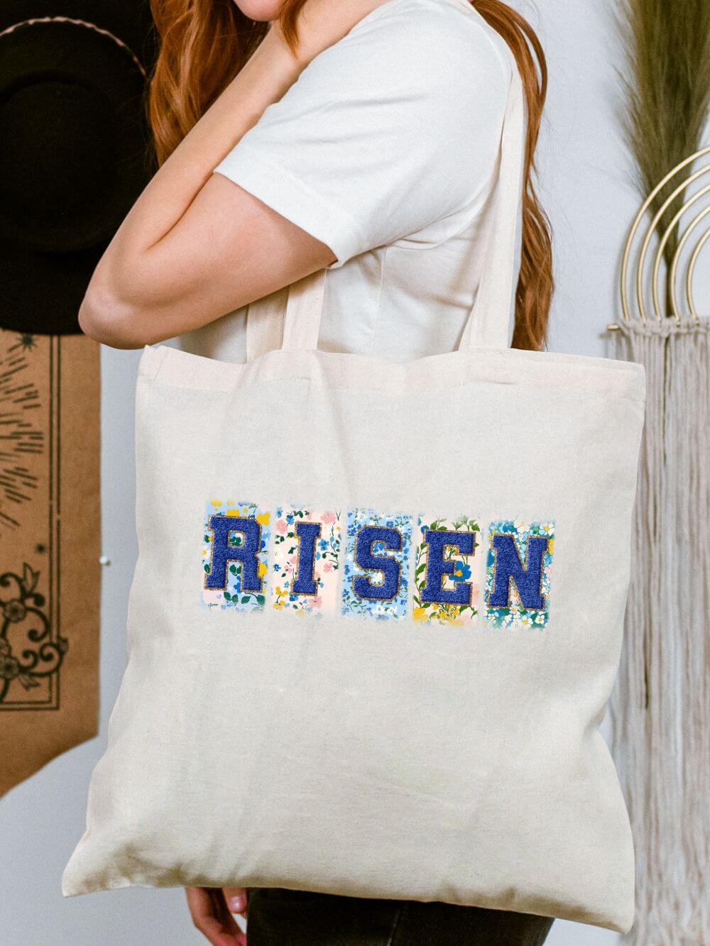 Risen Floral Faux Patch Easter Christian Cotton Canvas Tote Bag