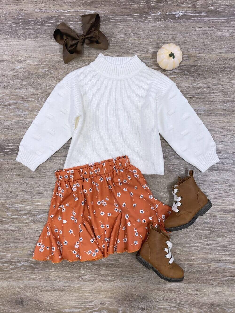 Rust Orange Floral Girls Skirt &amp; Sweater Outfit - Sydney So Sweet