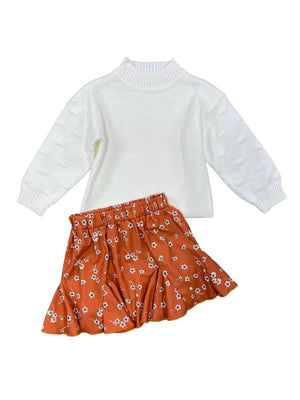 Rust Orange Floral Girls Skirt & Sweater Outfit - Sydney So Sweet