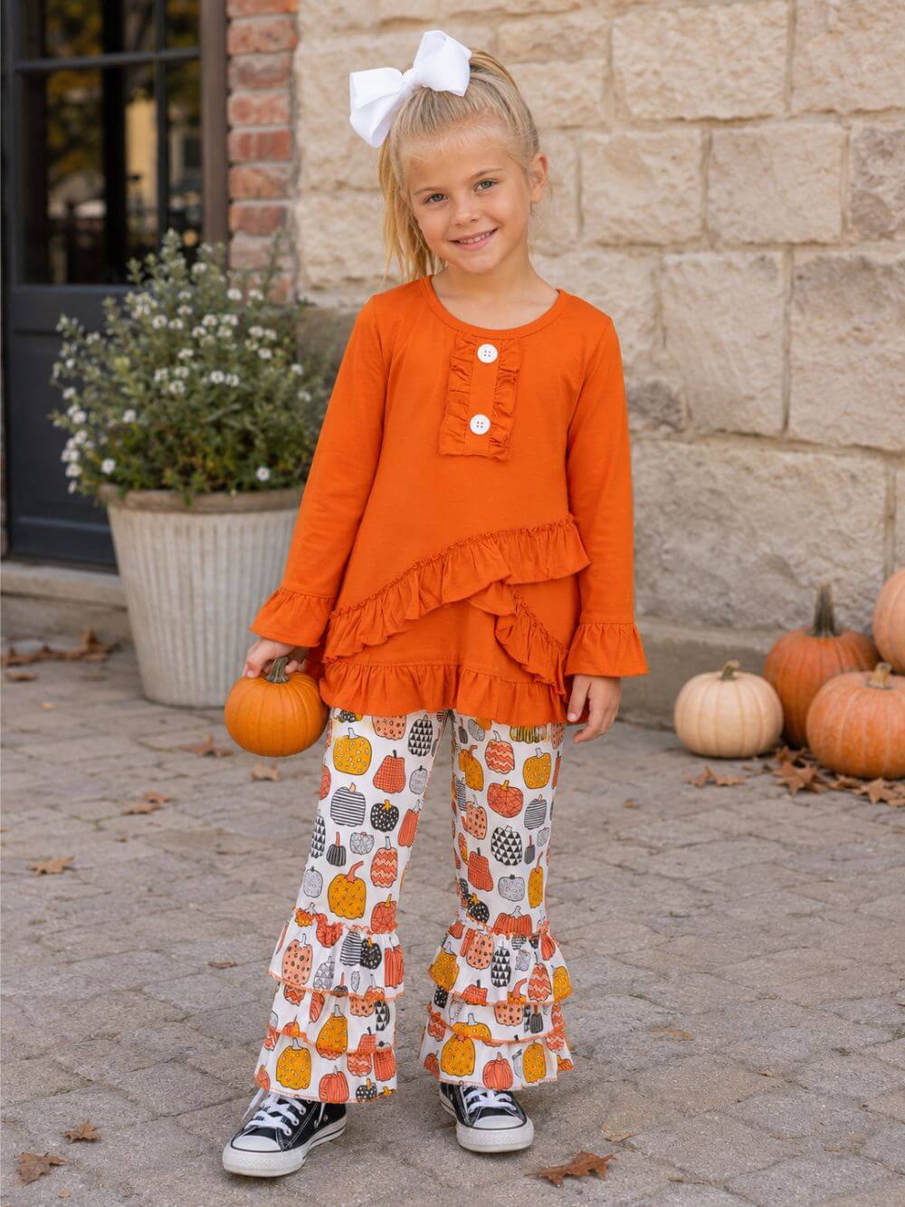 Rust Pumpkin Patch Girls Ruffle Pants Outfit
