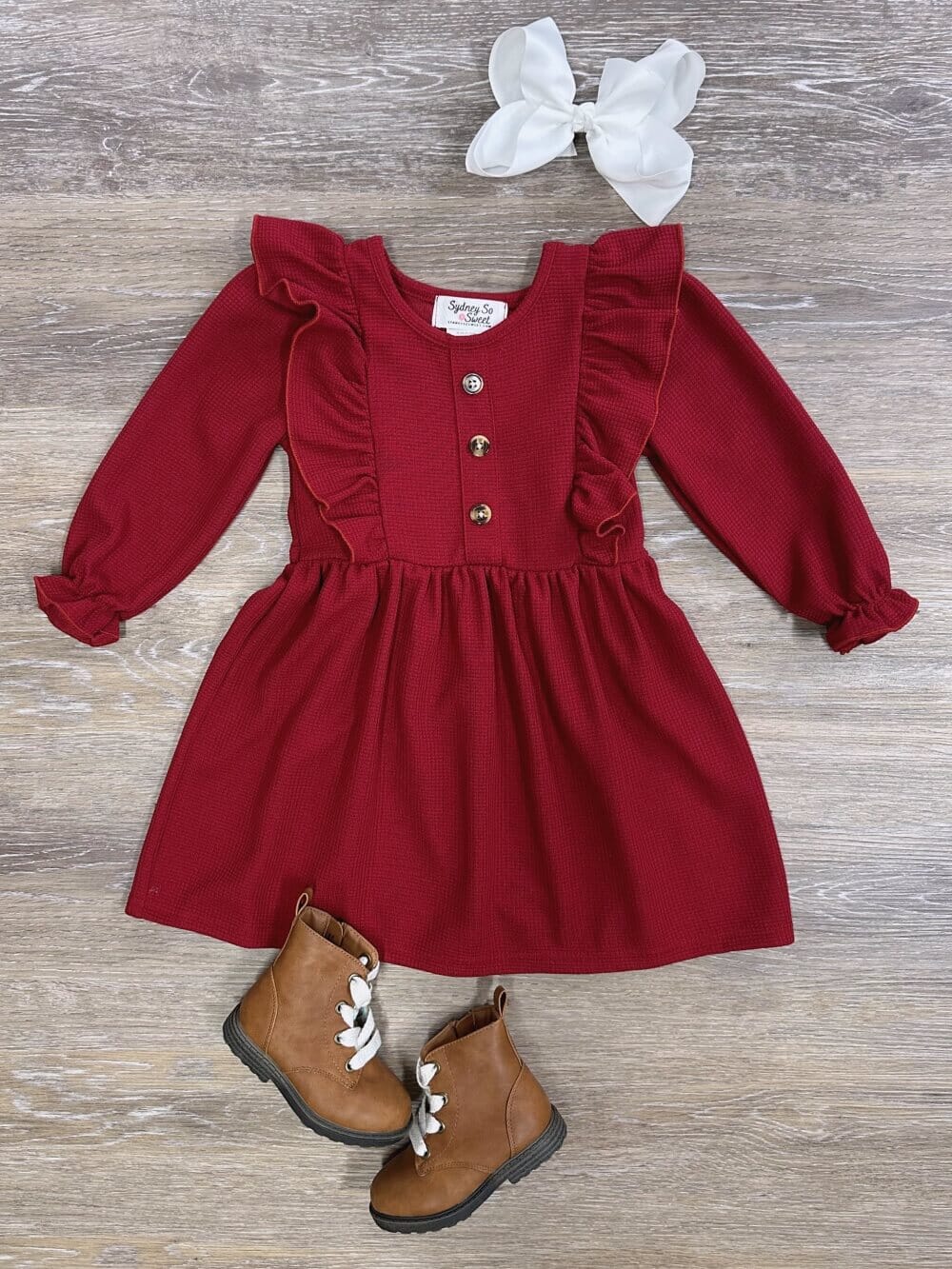 Rusty Red Waffle Knit Girls Ruffle Trim Long Sleeve Dress - Sydney So Sweet