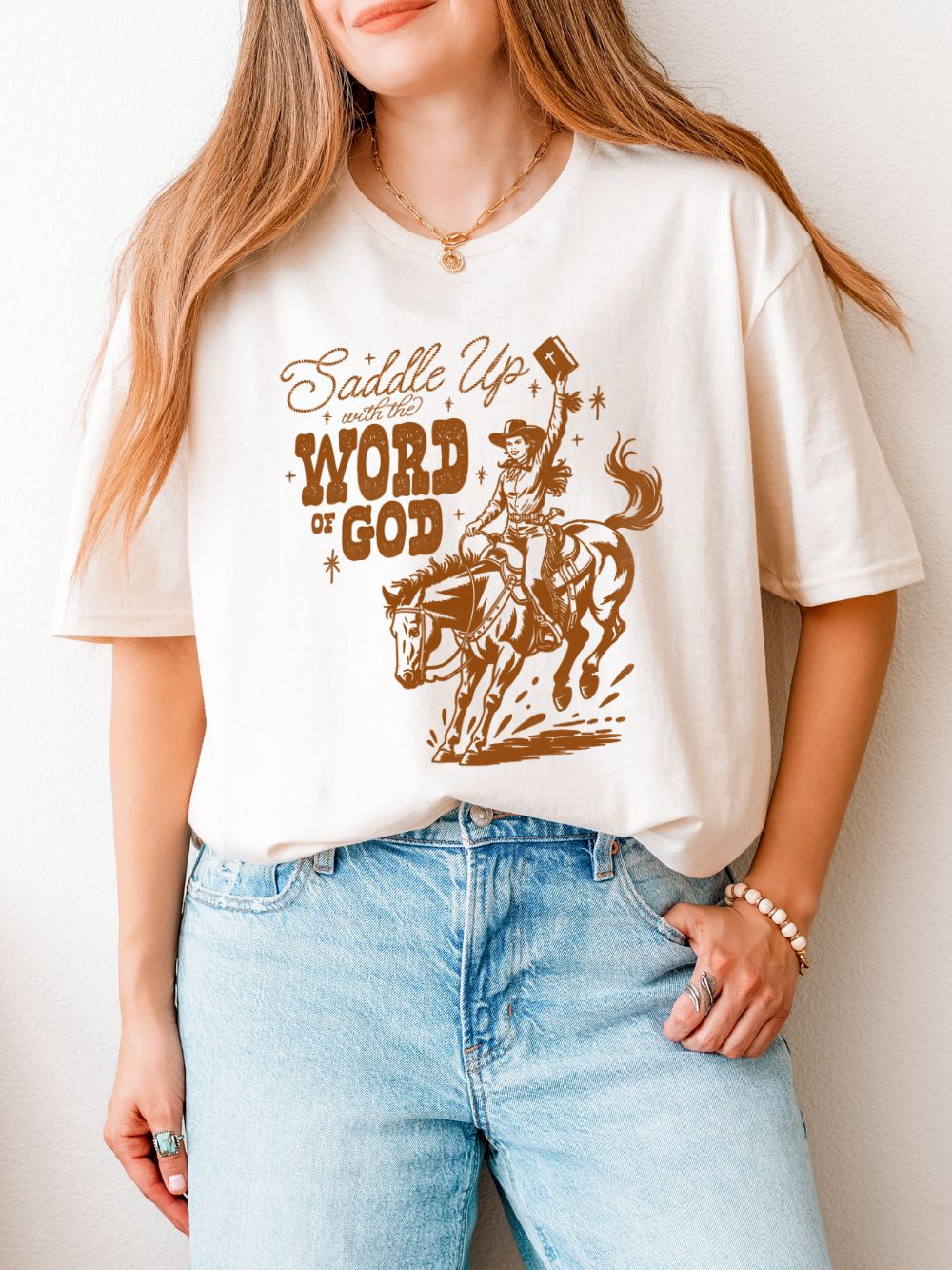 Saddle Up with the Word of God Bible Cowgirl T-Shirt Christian Western Tee