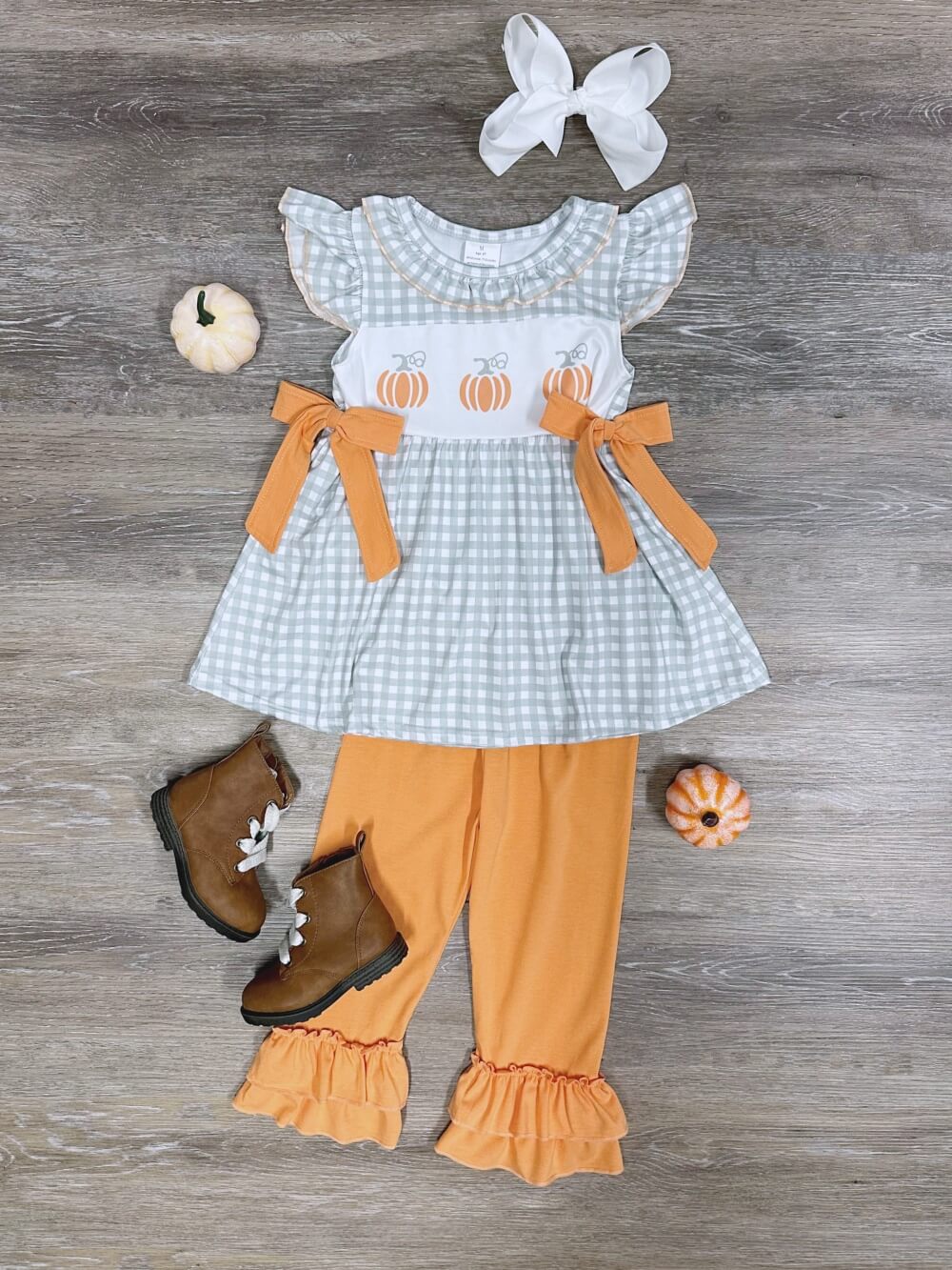 Sage Gingham Plaid Girls Pumpkin Tunic &amp; Ruffle Pants Outfit - Sydney So Sweet