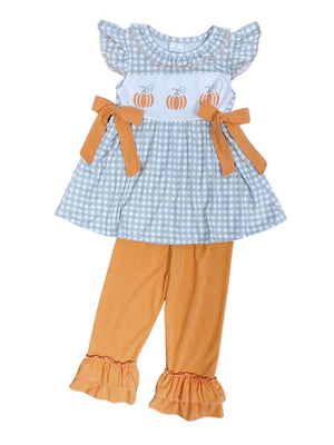 Sage Gingham Plaid Girls Pumpkin Tunic & Ruffle Pants Outfit - Sydney So Sweet