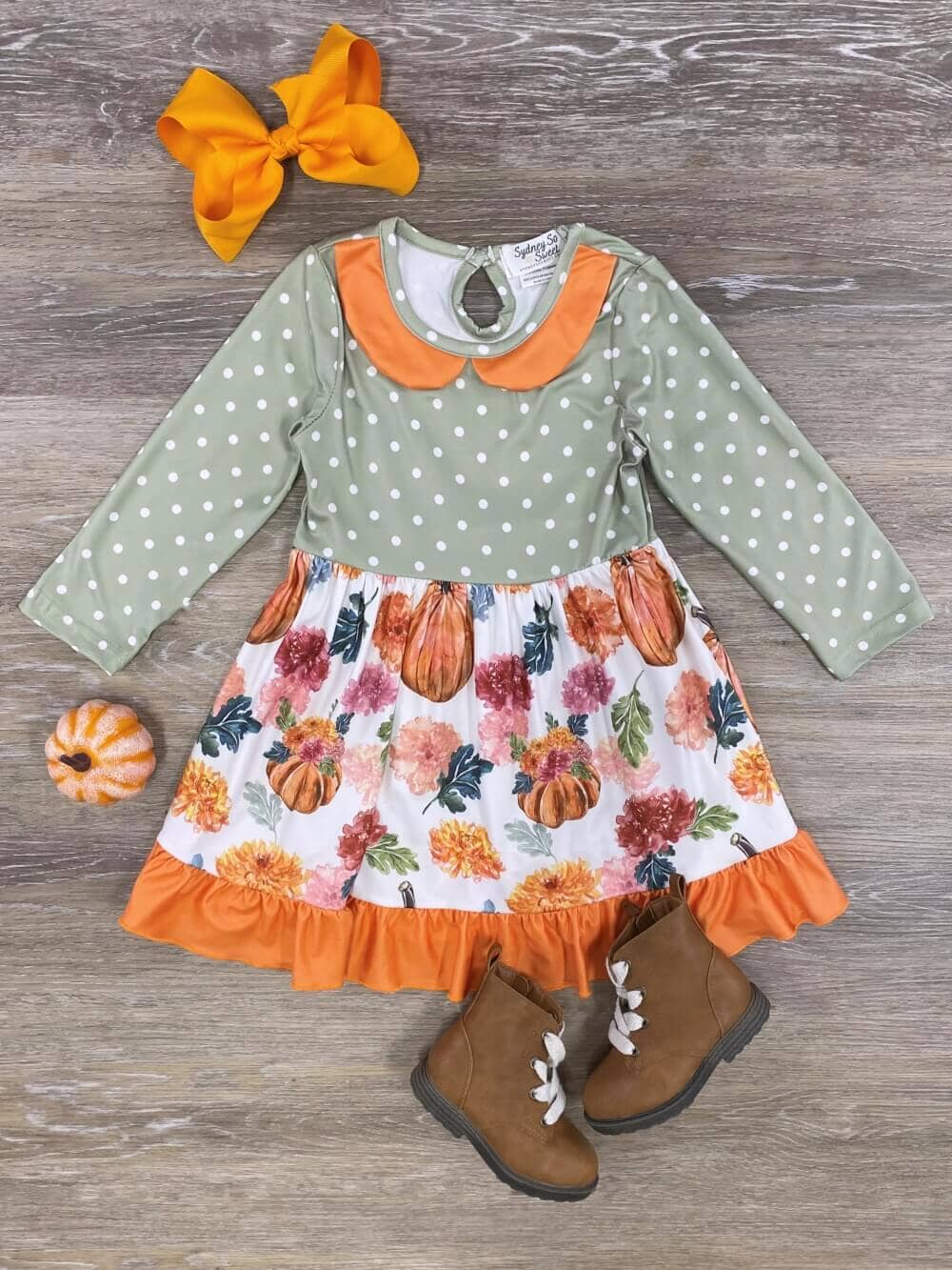 Sage Polka Dot & Pumpkin Girls Ruffle Dress - Sydney So Sweet